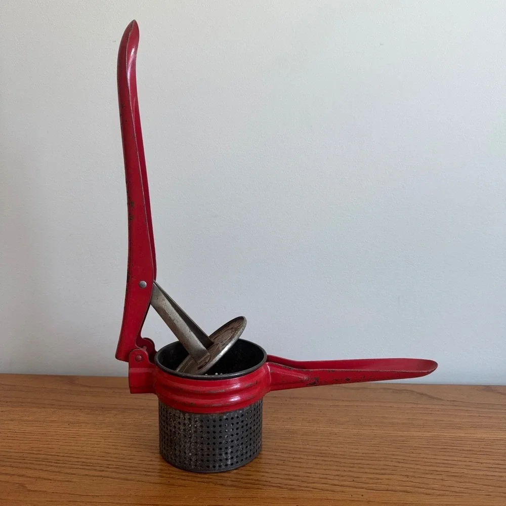 Vintage Red Metal Potato Masher‎ Ricer Kitchen Tool Gadget